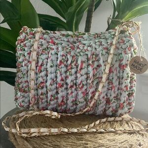 Red and Green Textured Crossbody Bag with Metallic Charm